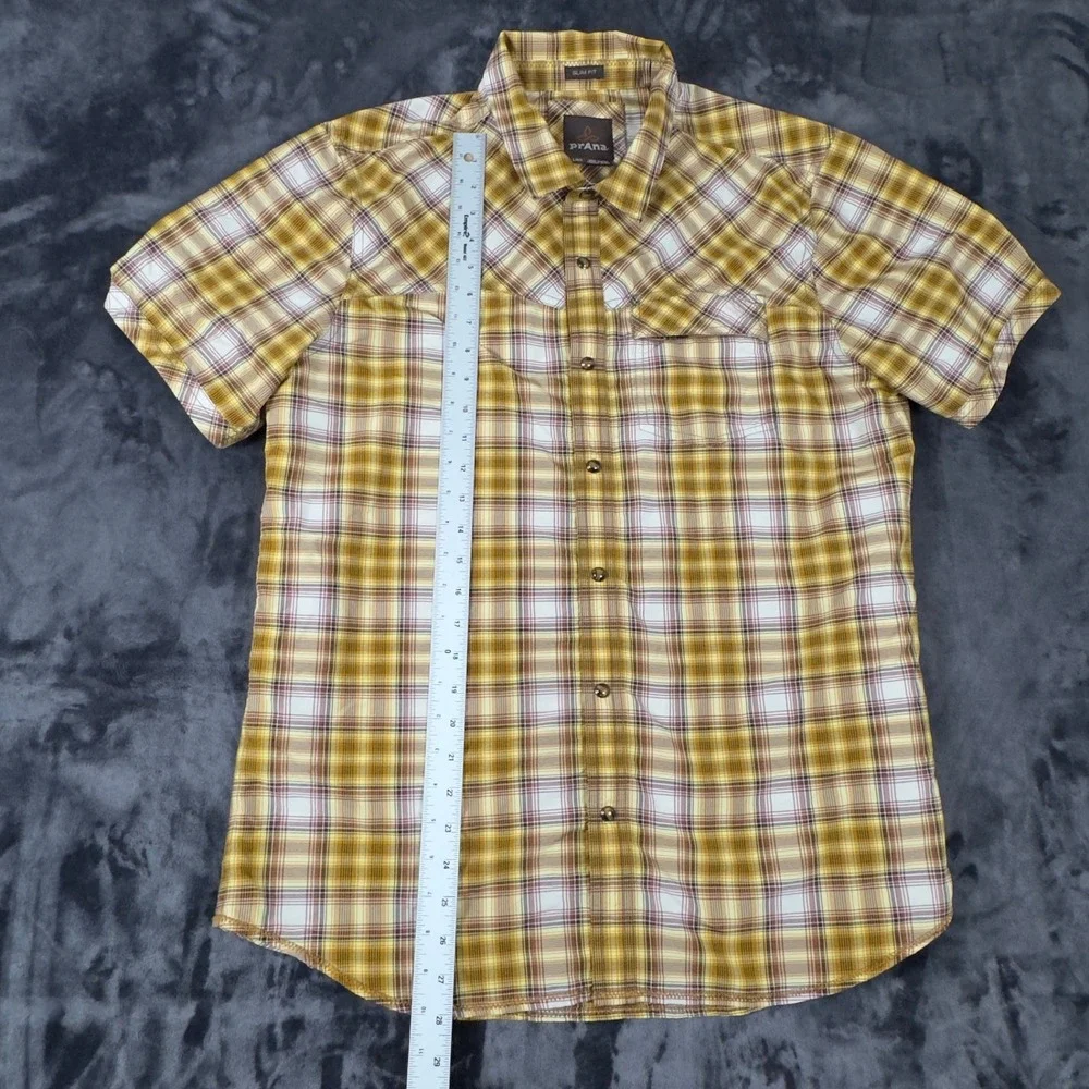 Prana Button Down Shirt Mens‎ Large Yellow Plaid Slim Fit Recycled Polyester
